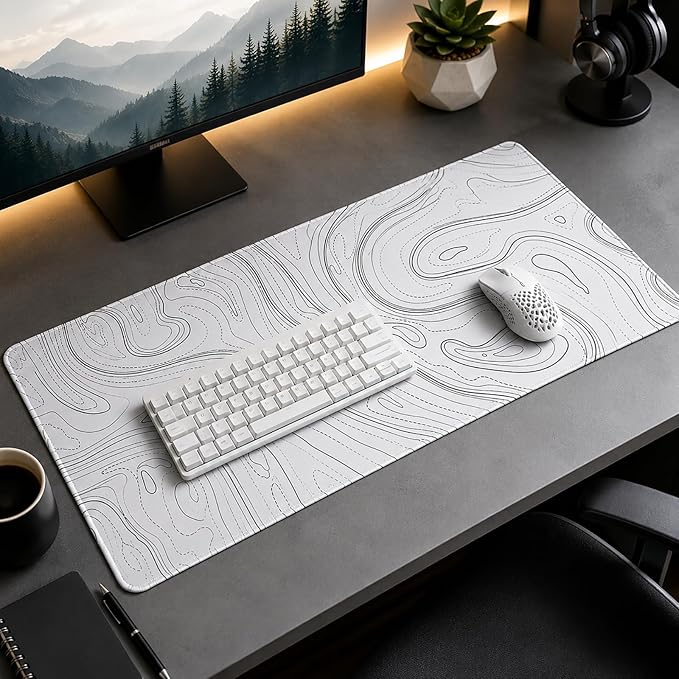 AQQA White Topographic Gaming Mouse Pad XL,35.4" x 15.7" Large Desk Mat,Topo Lines Minimalist Desk Pad for Office Home,Waterproof Rubber Base Extended Keyboard Mat for Laptop,Gamer, Desk Decor