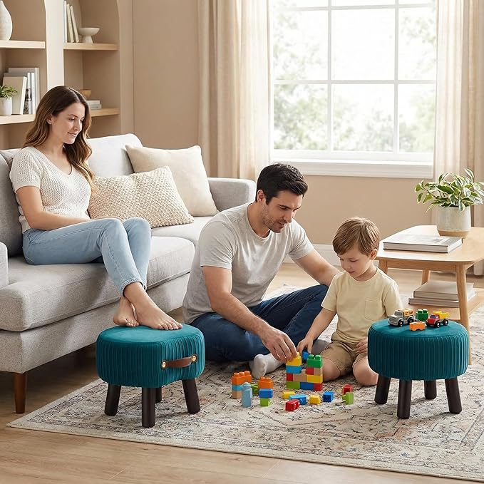 Small Footstool with Handle, Velvet Ottoman Foot Rest with Padded Seat, Curved Foot Stool with Wooden Legs, Portable Foot Rest for Living Room, Bedroom, Entryway, Peacock Blue