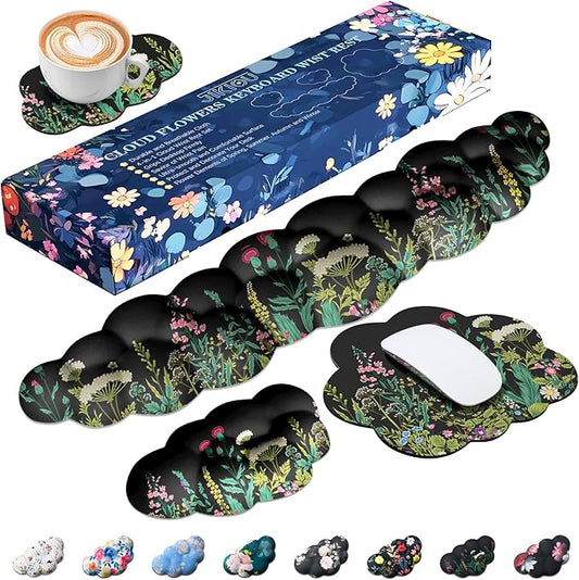 JIKIOU Cloud Wrist Rest Keyboard, Cloud Keyboard Wrist Pad Set with Comfortable Cloth, Cute Arm Rest for Palm Support, PC/Gaming Desk Accessories/Office Setup/Computer Hand Cushion Wild Flowers