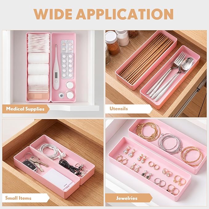 Teling 2 Pcs Pink Large Rectangular Desk Organizer Set, Half Accessory Tray, Plastic Tabletop Organizer for Office, Home, or Study, Dimensions: 9.45 x 2.95 x 1.38 Inches