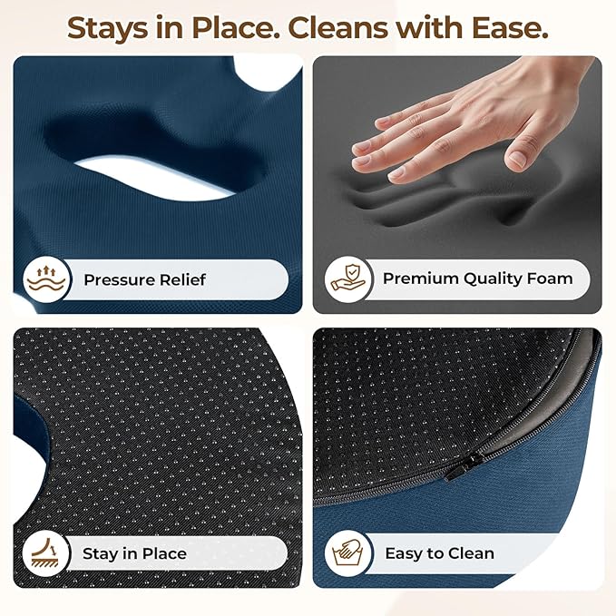 TushGuard Ergonomic Donut Pillow Seat Cushion with Raised Rear Support, Large Memory Foam Cushion for Tailbone, Hemorrhoids & Sciatica Relief, Office Chair, Car, Travel, Postpartum, Blue
