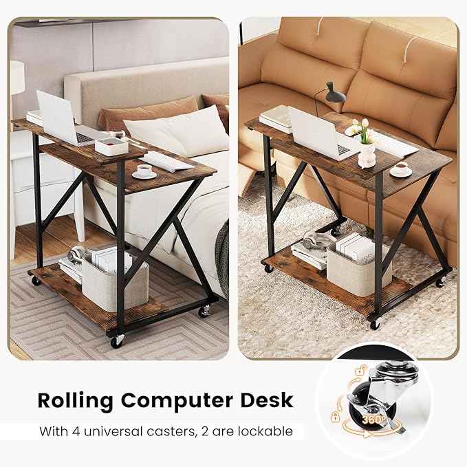 Tangkula Rolling Computer Desk Cart with Power Outlets, 32" Mobile Portable Laptop PC Desk with Monitor Stand, CPU Stand & Storage Shelf, Compact Small Desk on Wheels for Small Space (Rustic Brown)