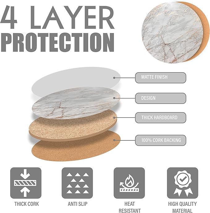 Dainty Home Rose Gold Marble Round Cork Placemats - Heat Resistant Placemats, Non-Slip, Easy Clean Placemats for Elegant Dining - 15"x15" Set of 2 - Perfect for Stylish, Modern Homes