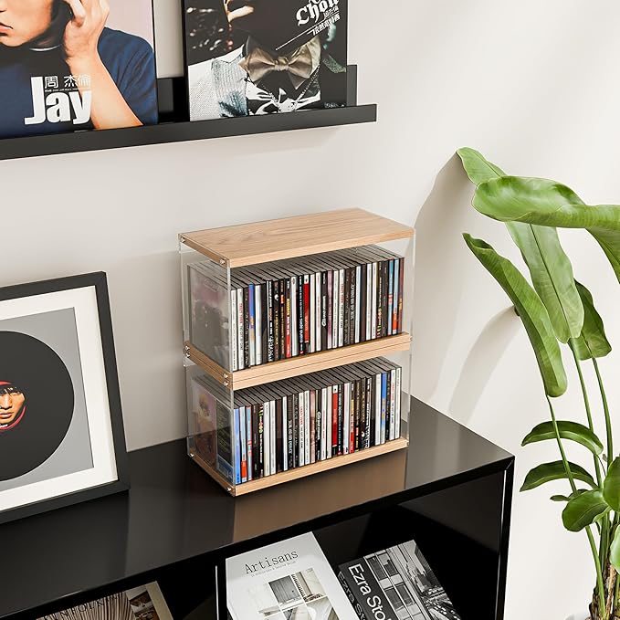 2Pack Stackable Wood Acrylic CD Holder Desk Rack Organizer Holds up to 60 CD Jewel Cases Media Storage Rack for Movie & Video Games Collections (Natural Wood, Short)