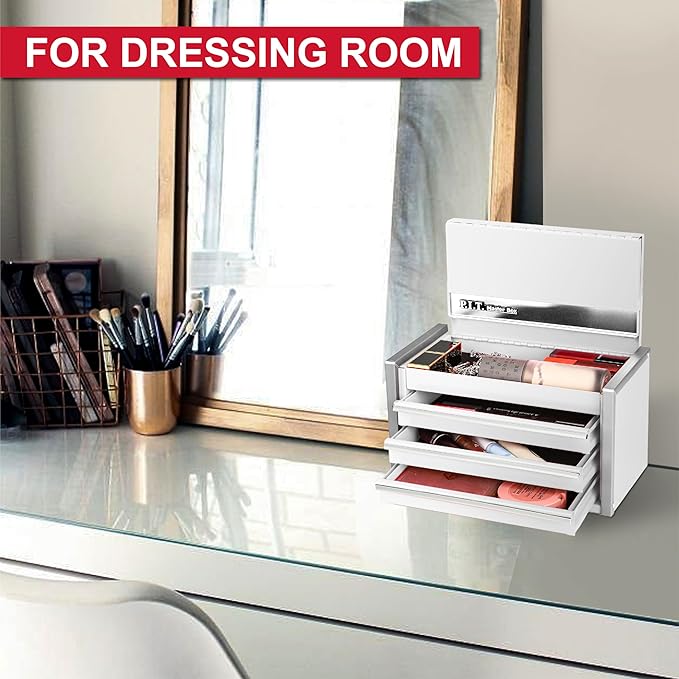 P.I.T. Mini Tool Box 8.6"W X 4.6"D, Portable 3 Drawer Steel Stackable White Tool Box with Magnetic Tab Locking, White Micro Top Chest with Liner for Tools Storage and Organizers, Home DIY