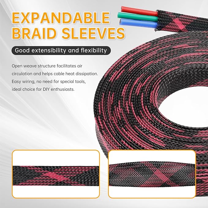 Braided Cable Sleeve, 33ft Expandable Wire Loom for Automotive Wiring Harness & PC Case, Pet-Proof Chew Resistant Cord Protector, Flexible Cable Management (Black-Pink, 6mm (1/4"))