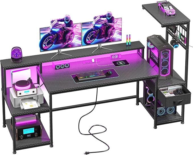 DurayLoly 63" Gaming Desk with LED Lights & Outlets,Computer Desk with Drawers & Monitor Stand,Gaming Table with 3 Storage Shelves, Hooks& Printer Space for Game&Study Room,Home Office,Bedroom,Black