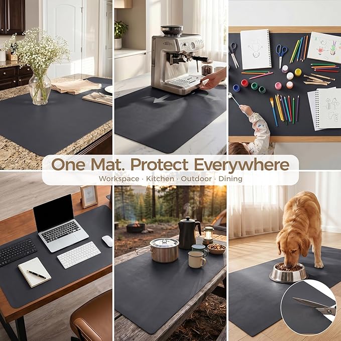 1.6mm Thick Leather 20x84 Inch Non-Slip Mat, Waterproof Countertop Protector, Extra Large Kitchen Counter/Banquet Table Mat, Obsidian Black
