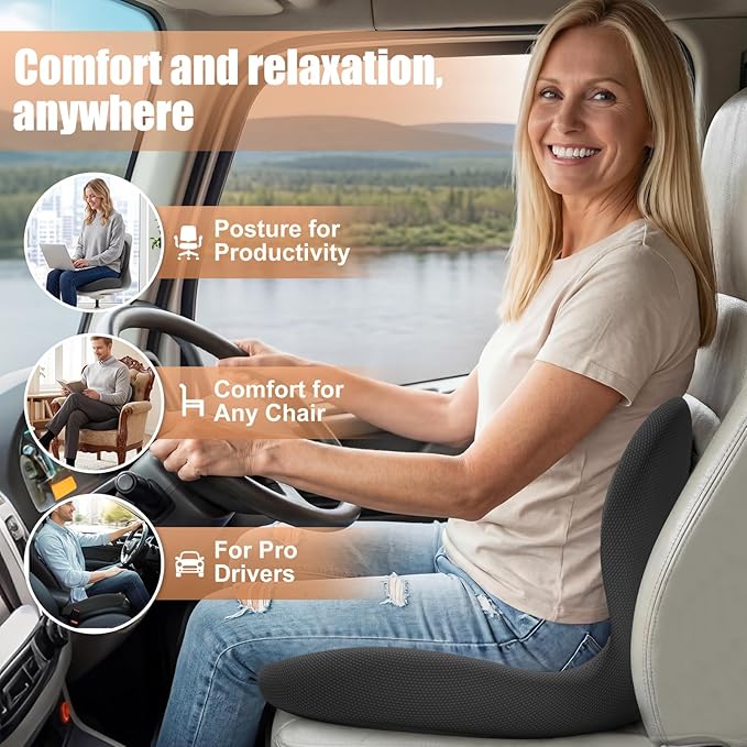 Car Seat Cushion with Lumbar Support for Long Driving Truck RV, Ergonomic Memory Foam Office Chair Cushion for Sciatica, Tailbone & Lower Back Relief, Ideal Gift for Drivers & Office Workers (White)