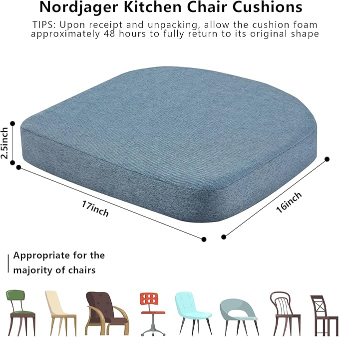 Nordjager Dining Chair Cushions Set of 6 Memory Foam Chair Cushion, Comfortable Dining Chair Pad Removable Slip Resistant Kitchen Chair Seat Cushion (6 Piece, Blue)