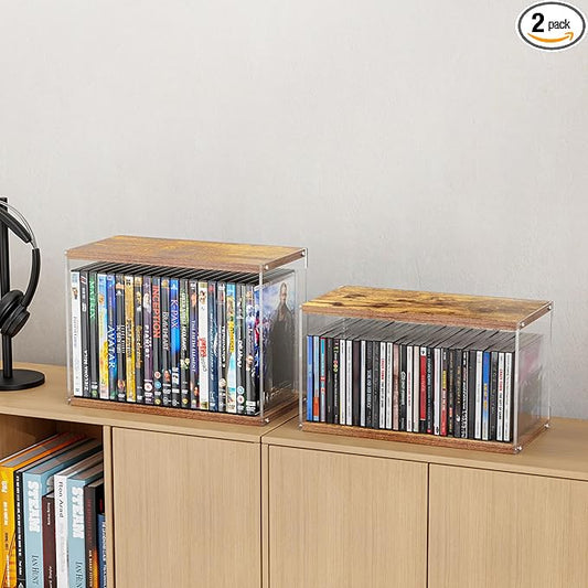 2Pack Stackable Wood Acrylic CD Holder Desk Rack Organizer Holds up to 60 CD Jewel Cases Media Storage Rack for Movie & Video Games Collections (Burning Wood, 2P For CD)