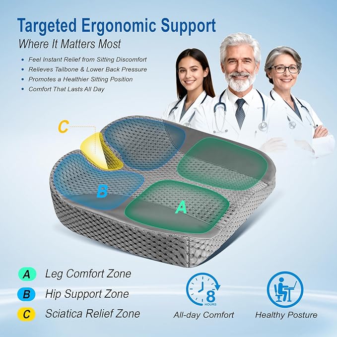 Lofty Aim Car Seat Cushion: Ergonomic Memory Foam Cushion for Driving and Long Drives, for Sciatica and Back Pain, Seat Pillow for Car, Truck, Office Chair, Home, Wheelchair - Gray