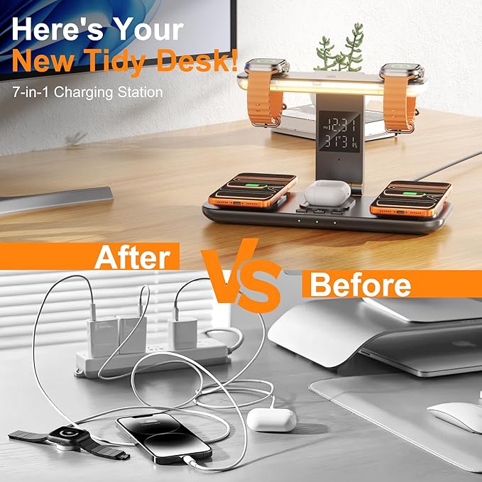 7-in-1 Wireless Dual Phone Charging Station for Apple, Samsung, Google, Dual Magsafe Charger for iPhone 17-12 Series, for Dual Apple Watch Charger for iWatch, with Air Pods Charger, Night Light&Clock