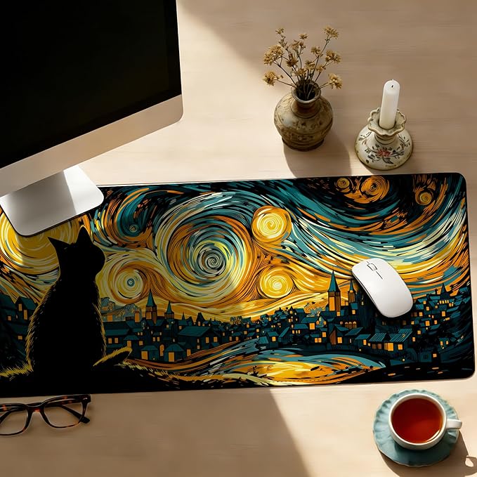 Yellow Starry Night Cat Mouse Pad,35.4 x 15.7 Inch Large Mouse Mat Non-Slip Rubber Stitched Edges for Writing Desk,Office,Home,Laptop