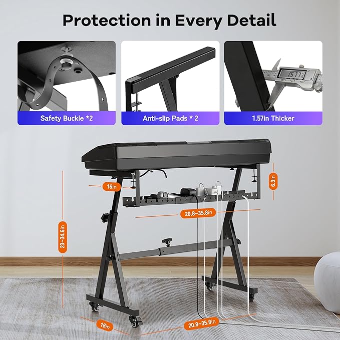 CAHAYA Keyboard Stand Piano Wheels - Adjustable Digital Piano Stand with Cable Management Tray and Wheels Z Style Heavy Duty Portable Folding Adjustable Piano Stand Fits 54-88 Key Electric Pianos