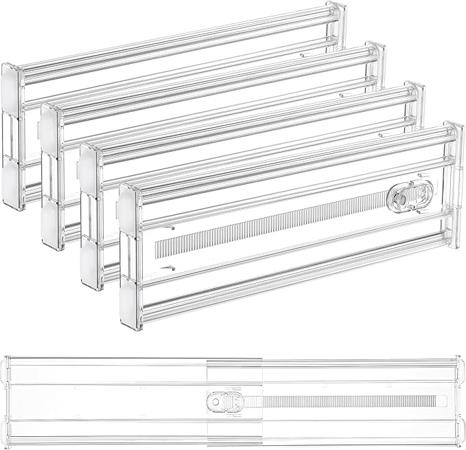 Vtopmart 4 Pack 4" Regular Upgrade Drawer Dividers for Clothes, 12.8"-22.3" Expandable Dresser Drawer Organizer, Clear Plastic Separators for Dresser, Baby Clothing, Underwear, Cosmetic, Toiletries