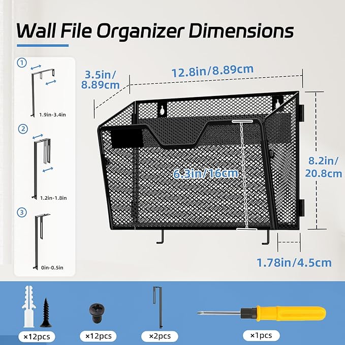 6 Pack Metal Wall File Organizer, Heavy Duty Hanging Mail Holder, Space Saving Over Door & Wall Mounted Storage for Office, Home & School(with 2 Metal Hooks)