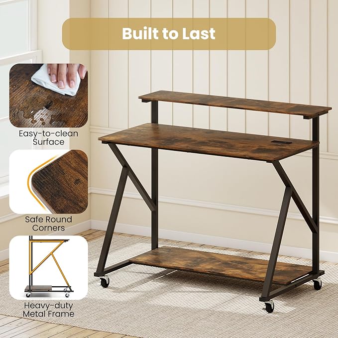 Tangkula 39.5" Mobile Computer Desk with Power Outlets, Rolling Laptop Workstation with Monitor Stand & Storage Shelf, Gaming Writing Desk with Lockable Wheels for Home Office Bedroom (Rustic Brown)