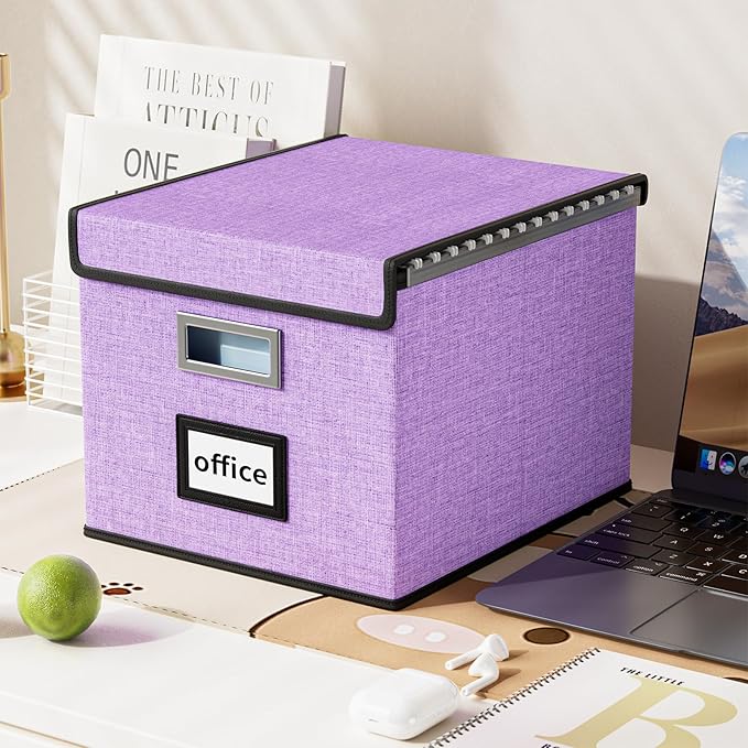 File Organizer Box with Lid, Collapsible File Folder Organizer for Office Document Storage, Filing Box with Plastic Slide for Letter Size Hanging File Folders(1 Pack, Lavender)
