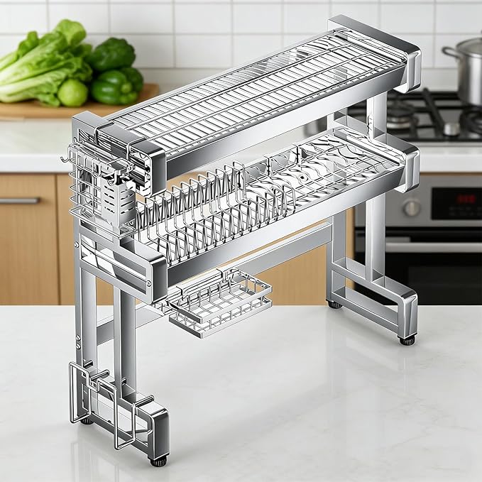 Over The Sink Dish Drying Rack, 3-Tier Stainless Steel Dish Rack, Sink Organizer,for Kitchen Counter.with Hook & Chopsticks Holder,Cutting Board Rack, Adjustable Feet(33.4 * 11.4 * 31in)