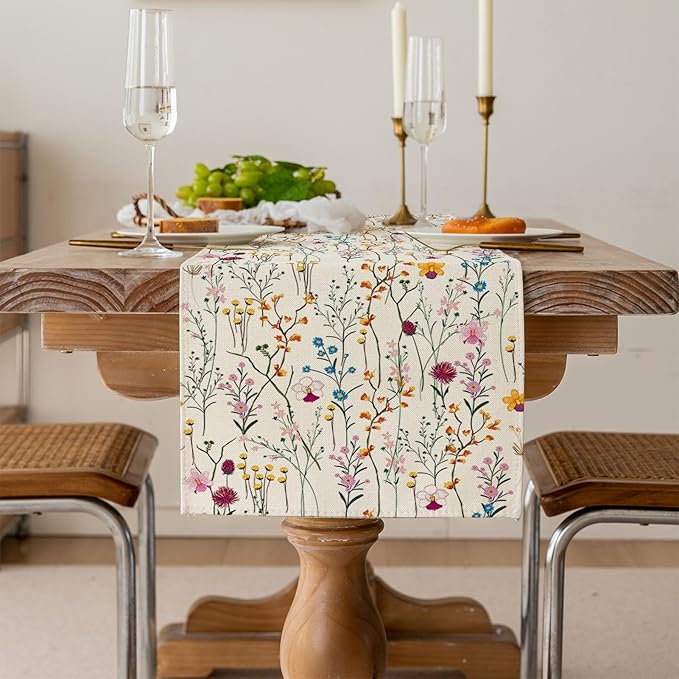 Watercolor Wild Flowers Table Runner, Seasonal Summer Holiday Kitchen Dining Table Decoration for Home Party Decor 13 x 90 Inch
