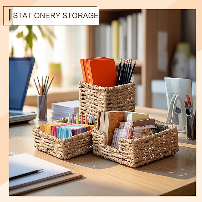 Khaki Paper Rope Woven Desk Organizer Set of 3 Natural Desktop Accessories Pencil Pen Cup Paper Clip Storage and Sticky Note Holder for Women Men Farmhouse Office Home Desktop Table Decor