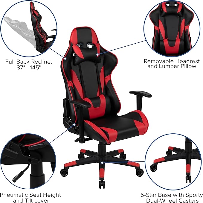 EMMA + OLIVER Black/Red Gaming Desk Bundle - Cup/Headset Holder/Mouse Pad Top