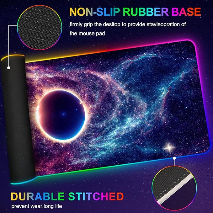 ARTSO RGB Gaming Mouse Pad, Large Mousepad with Led Light, Cosmic Starry Sky Keyboard Pad Gaming Accessories for Desk, Non-Slip Rubber Base Big Mouse Mat for Gamer
