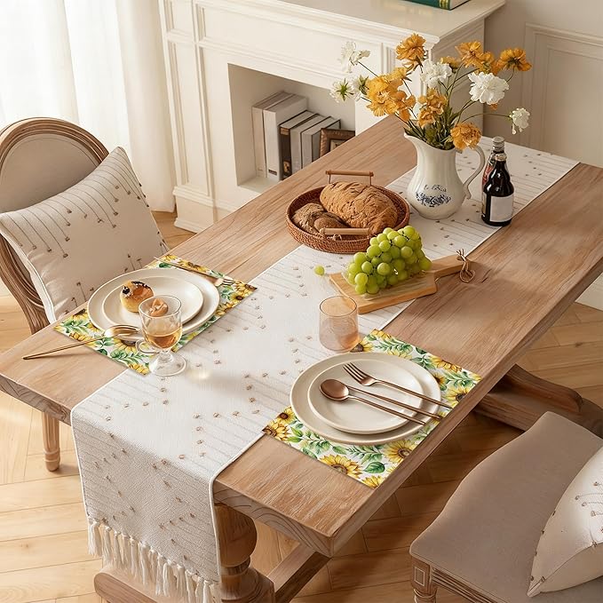 Watercolor Sunflower Linen Placemats Set of 6, Decorative Table Mats 12x18 Inch, Washable Heat Resistant Placemats for Dining Table Kitchen Home Decor