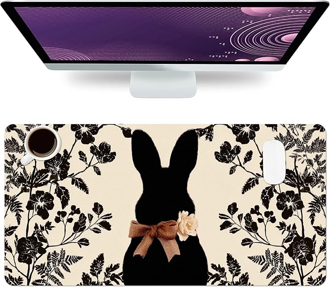 Easter Mouse Pad PU Leather Black Rabbit Desk Mat Large Waterproof Gaming Pad Non-Slip Keyboard Mouse Pad Writing Pad for Gamer Office&Home