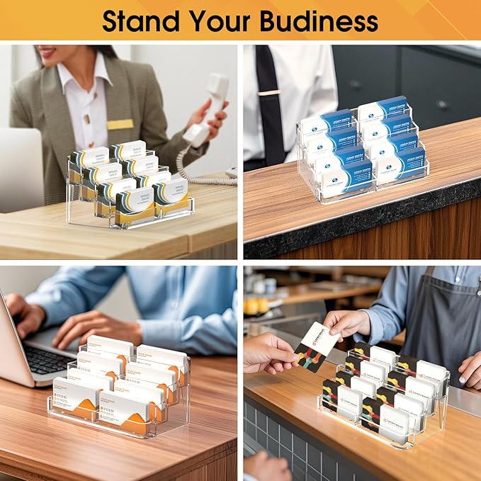 MaxGear 4 Pack Acrylic Business Card Holder for Desk, Clear Desktop Business Card Display Stand with 8 Pockets, 4-Tier Freestanding Card Organizer for Office, Reception, Countertop