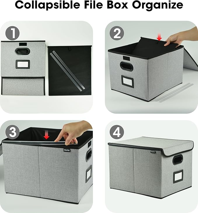 Qerlei File Organizer Boxes with Lids,Collapsible File Folder Organizer with Plastic Slide,Collapsible Filing & Storage Boxes for Office/Decor/Home (Grey, 2 Pack)