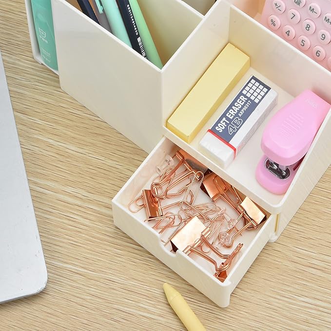 Desk Organizer with Bookshelf White Desktop Organizers and Accessories Bookends Multifunctional Office Stationary Organizer with Drawer Plastic Makeup Storage Box (Small, Beige)