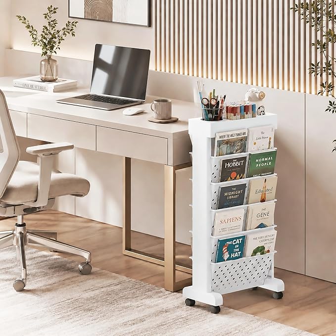 6-Tier Mobile Bookshelf, Rolling Bookcase Book Storage Rack, Movable File Folder Organizer Cart with Wheels for Home Study Office Living Room Classroom, White