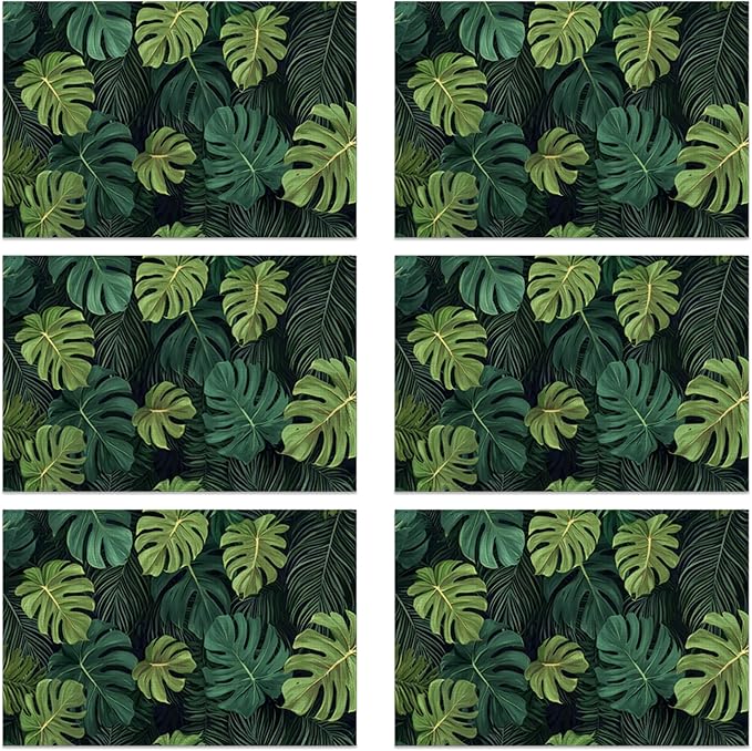 Linen Placemats Set of 6, Tropical Leaves Washable Table Mats 12x18 Inch, Heat Resistant Non Slip Placemats for Dining Table Kitchen Everyday Use