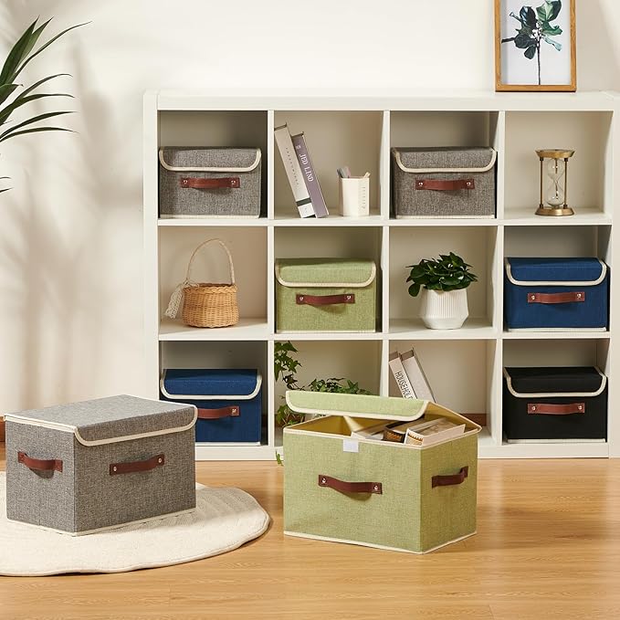 Storage Boxes with Lid Cotton Linen Fabric Storage Bins Organizer Container Decorative Collapsible Washable Shelf Baskets Faux Leather Handles for Home Bedroom Closet (Black, Small Size)