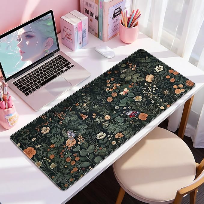 DINKY Leather Desk Mat, XXL Large Gaming Mouse Pad, Extended Desktop Decor Desk Pad, 35.4" x 15.7" Cute Floral Mouse Mat for Laptop, Keyboard, Vintage Flowers