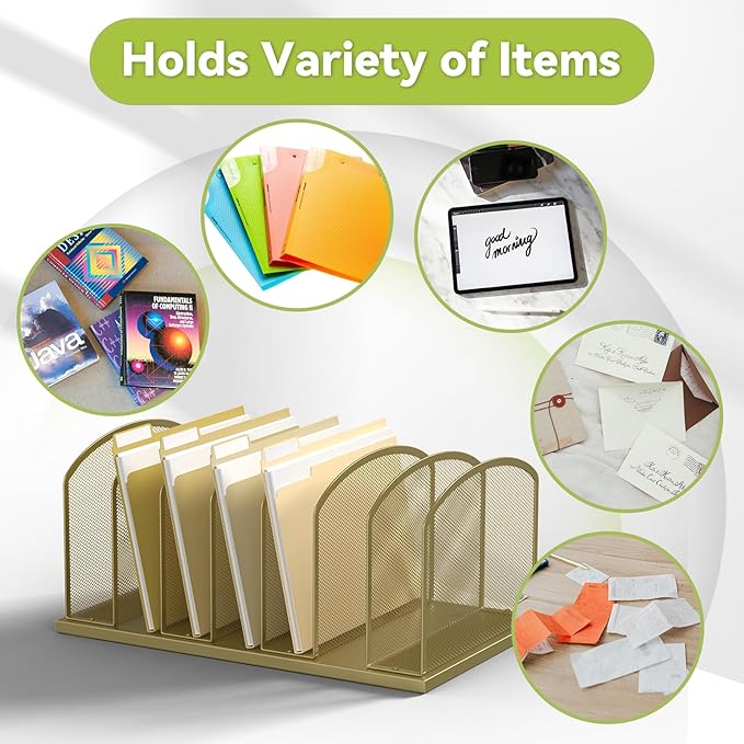 MINDEPOT Desk File Organizer Vertical 7 Sections Mesh File Sorter Paper Storage Organizer for Desk, Office Organization File Holder Rack, Gold