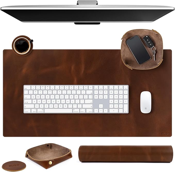 ELIZO Leather Desk Pad Real Leather Desk Mat Thick (3mm) Double Layer (31x15.6) Cover Blotter Desk Protector Large Computer Mat for Keyboard Mouse Pad Table Laptop Mat Office Accessories - Antique