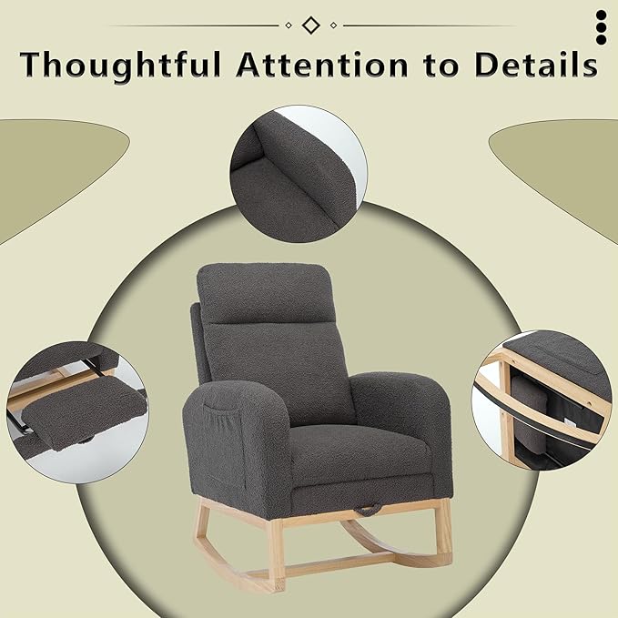 Nursery Rocking Chair with Foot Rest, Teddy Upholstered Nursery Glider Rocker Chair with Solid Wood Legs & 2 Side Pockets Comfy Armchair for Living Room Lounge Bedroom (A-Grey)