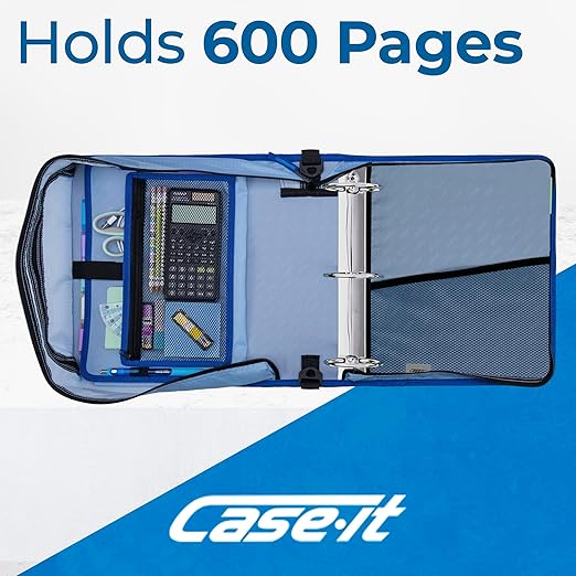 Case-it Mighty Zip Tab School Zipper Binder | 3-Inch O-Rings, 600-Sheet Capacity, 5-Subject Expanding File Folder, Multiple Pockets & Storage Organizer, Shoulder Strap | D-146 Glacier