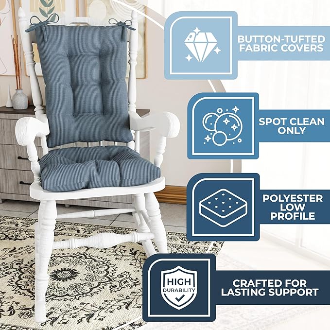 Klear Vu Omega Non-Slip Rocking Chair Cushion Set with Thick Padding and Tufted Design, Includes Seat Pad & Back Pillow with Ties for Living Room Rocker, 17x17 Inches, 2 Piece Set, Blue