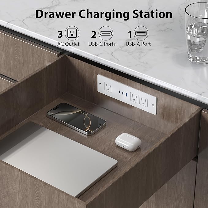 Drawer Outlet Kit with 65W USB C Fast Charging Station, HEZI Recessed Power Outlet with 3 USB Ports & 3 AC Outlets, Furniture Flush Mount Power Strip for Home Office,10FT White Cord