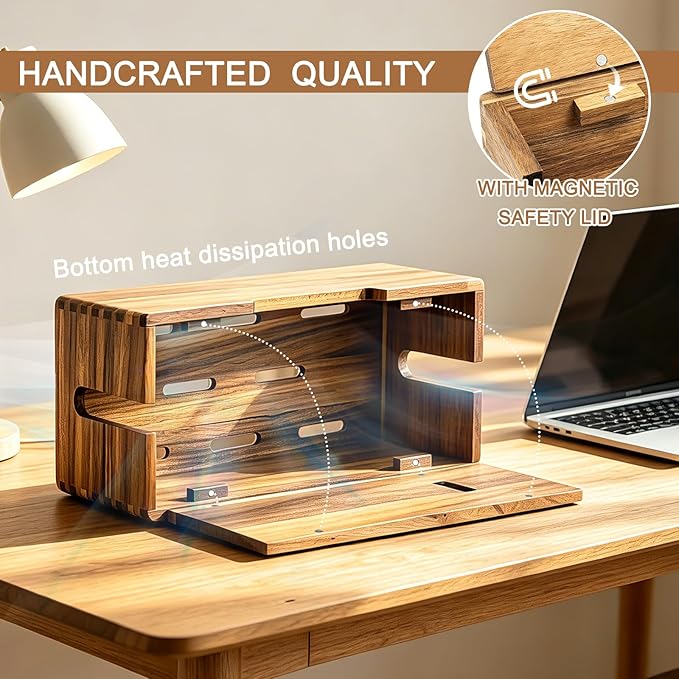 Acacia Wood Cable Management Box - Cord Hider Box for Power Strip, Cable Hider for Desk & Floor TV Wires, Decorative Wire Storage Box for Office, Home Under Desk Cable Storage Box