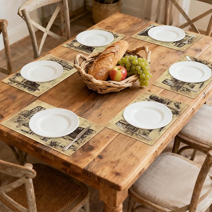 Vintage Western Cowboy Table Placemats Set of 6, Linen Placemats 12x18 Inch, Washable Non Slip Heat Resistant Mats for Dining Table Kitchen Indoor Use