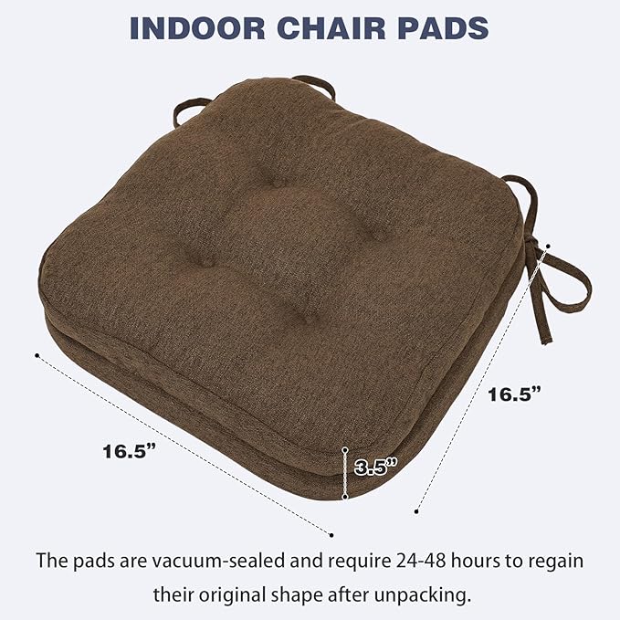 baibu Set of 4 Dining Chair Cushions, Dual-Layer Patent Design Memory Foam Kitchen Chair Cushions, Non-Slip Seat Pads with Ties, 16.5 x 16.5 x 3.5in, 4 Pack, Dark Brown