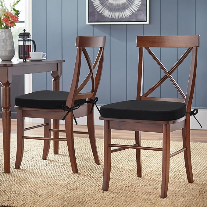 Shinnwa Chair Cushion for Dining Chair, Non-Slip Kitchen Chair Cushion with Detachable Straps and Machine Washable Cover, 17x16x2in, Black