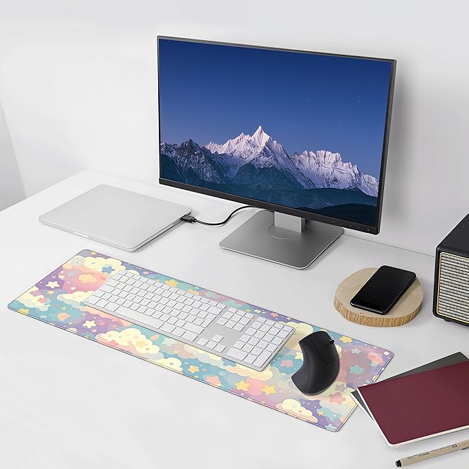 Cute Large Mousepad,Colorful Clouds and Stars Aesthetic Mouse Mat,Extended Pastel Pink Kawaii Women Office Desk Decor Mat,Girly Dreamy Mouse Pad for Work Game Office and Home,31.5 x 12in