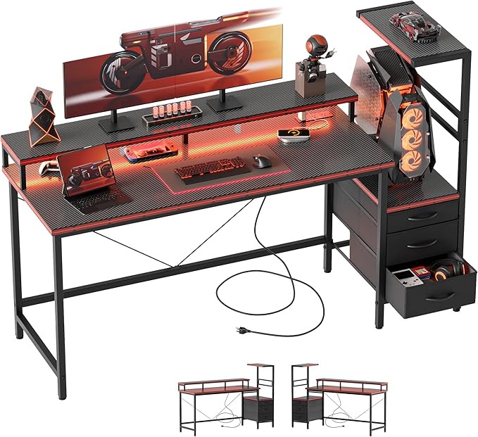 Mericonia 52 inch Gaming Desk with LED Lights & Power Outlets, Reversible Computer Desk with Storage Drawers & Monitor Stand, Large Gaming Table for Home Office