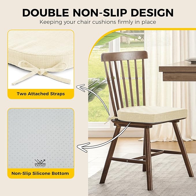 downluxe Indoor Chair Cushions for Dining Chairs, Soft and Comfortable Textured Foam Kitchen Chair Pads with Ties and Non-Slip Backing, 16" x 16" x 2", Beige, 2 Pack